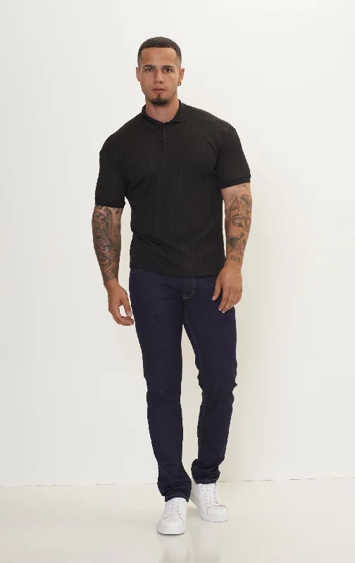 Fine Ribbed Polo Shirt - Black