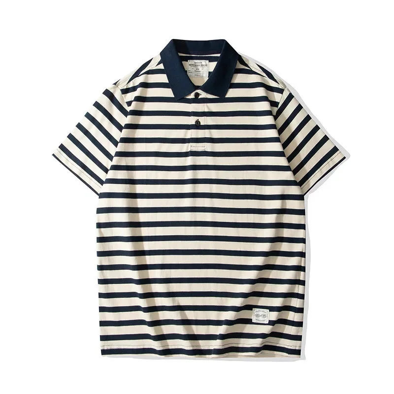 Men's Vintage Breton Striped Polo Shirt - Short Sleeve