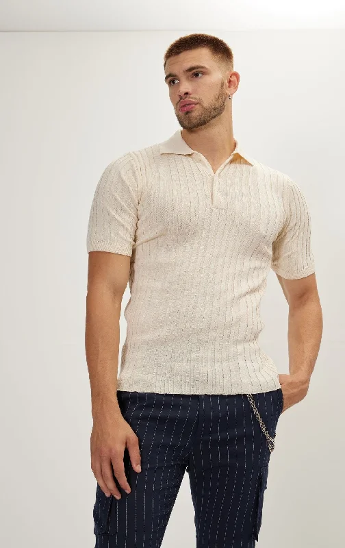 Ribbed Short Sleeve Polo Neck T-Shirt - Beige