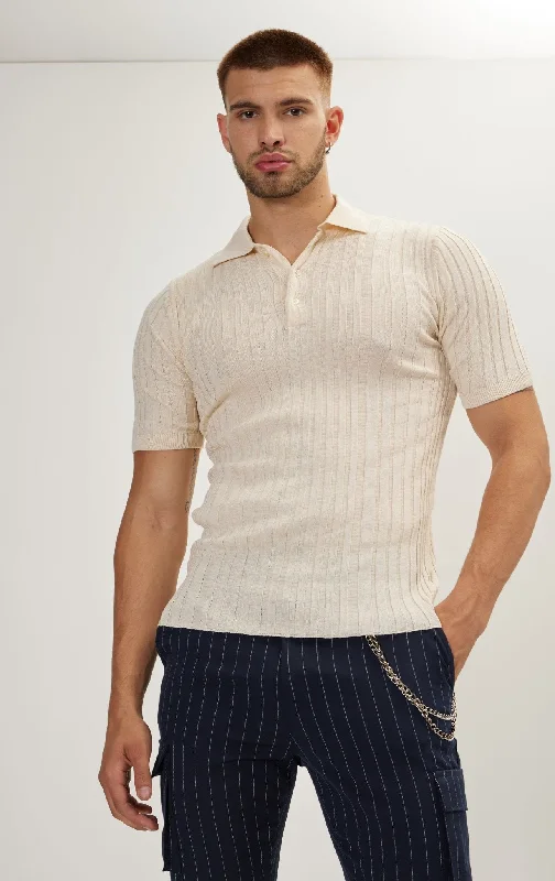 Ribbed Short Sleeve Polo Neck T-Shirt - Beige