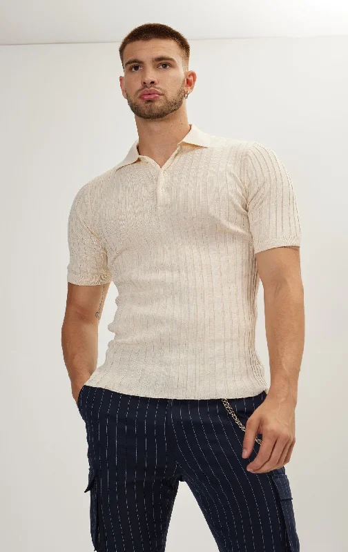 Ribbed Short Sleeve Polo Neck T-Shirt - Beige