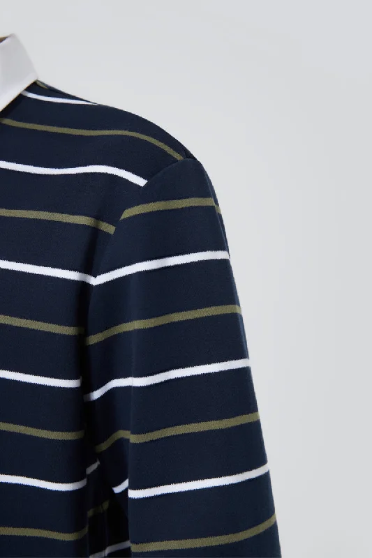 Regal Interlock Long Sleeve Rugby Shirt | Navy Multi-Stripes P05Z02