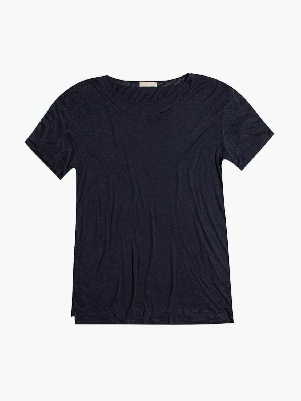 Silk Blend Double Crew Neck T-Shirt Navy Blue