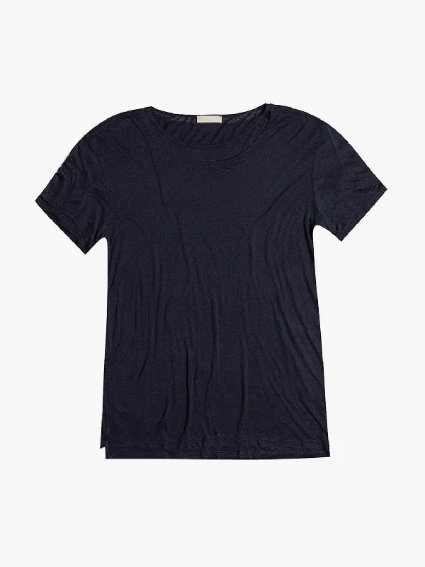 Silk Blend Double Layer Crew Neck T-shirt Navy Blue