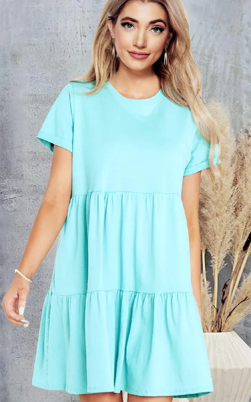 Mint Blue Tiered Mini Smock Tshirt Dress