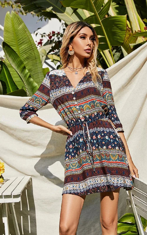 Paisley Floral Boho Summer Mini Dress In Navy