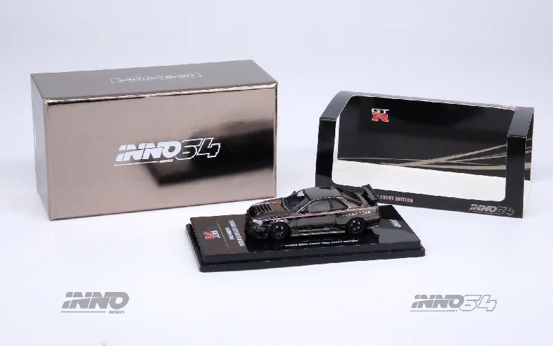 Muscle car model toys for automotive - performance fans​ INNO64 1:64 Nissan Skyline GT-R (R34) R-Tune Hobby Expo China 2023 in Black Chrome
